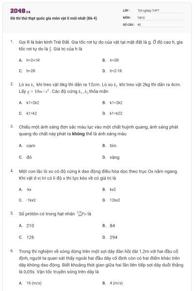 Đề thi thử thpt quốc gia môn vật lí mới nhất (Đề 4)