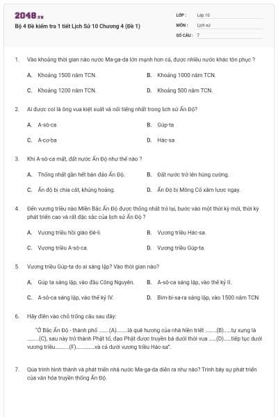 Bộ 4  Đề kiểm tra 1 tiết Lịch Sử 10 Chương 4 (Đề 1)