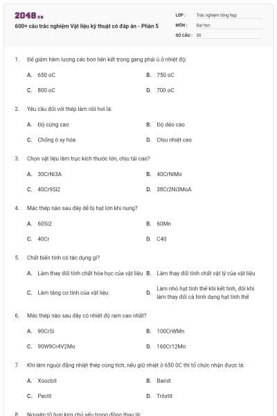 600+ câu trắc nghiệm Vật liệu kỹ thuật có đáp án - Phần 5