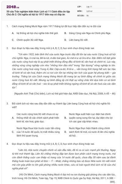 50 câu Trắc nghiệm kiến thức Lịch sử 11 Cánh diều ôn tập Chủ đề 2: Chỉ nghĩa xã hội từ 1917 đến nay có đáp án