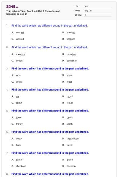 Trắc nghiệm Tiếng Anh 9 mới Unit 8 Phonetics and Speaking có đáp án