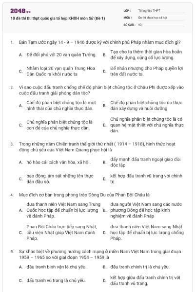 10 đề thi thi thpt quốc gia tổ hợp KHXH môn Sử (Đề 1)