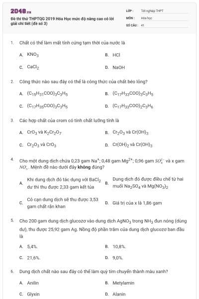 Đề thi thử THPTQG 2019 Hóa Học mức độ nâng cao có lời giải chi tiết (đề số 3)