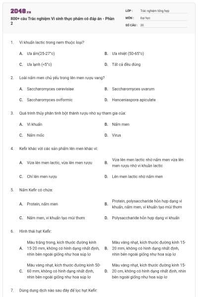 800+ câu Trắc nghiệm Vi sinh thực phẩm có đáp án - Phần 2