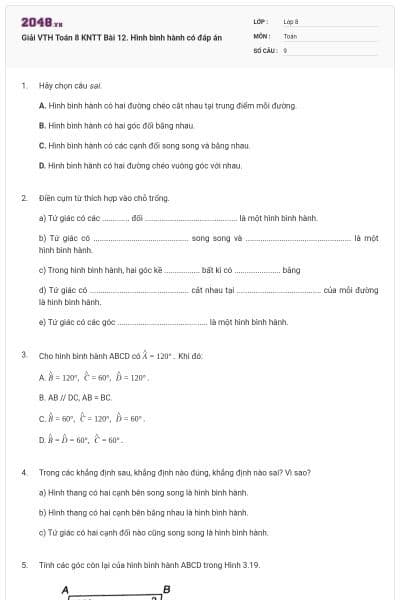 Giải VTH Toán 8 KNTT Bài 12. Hình bình hành có đáp án