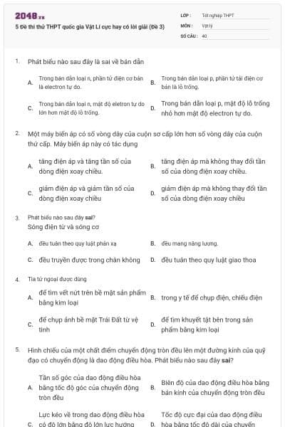 5 Đề thi thử THPT quốc gia Vật Lí cực hay có lời giải (Đề 3)