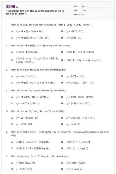 Trắc nghiệm Tính đơn điệu và cực trị của hàm số lớp 12 (có đáp án - phần 4)