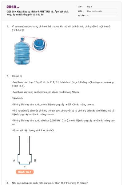 Giải SGK Khoa học tự nhiên 8 KNTT Bài 16. Áp suất chất lỏng, áp suất khí quyển có đáp án