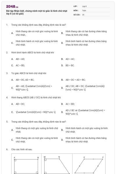Bài tập Nhận biết, chứng minh một tứ giác là hình chữ nhật lớp 8 (có lời giải)