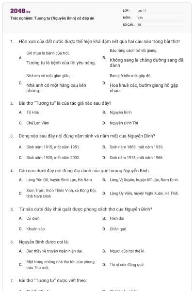 Trắc nghiệm: Tương tư (Nguyễn Bính) có đáp án