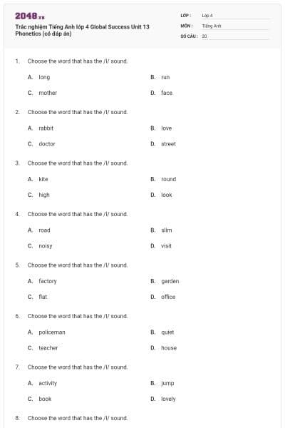 Trắc nghiệm Tiếng Anh lớp 4 Global Success Unit 13 Phonetics (có đáp án)