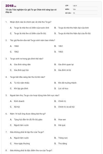 10 câu Trắc nghiệm tá́c giả Ta-go Chân trời sáng tạo có đáp án