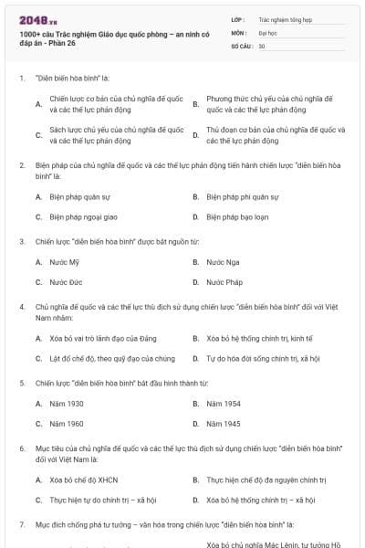1000+ câu Trắc nghiệm Giáo dục quốc phòng – an ninh có đáp án - Phần 26