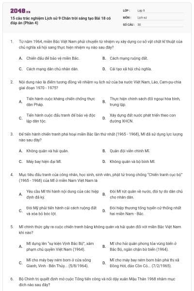 15 câu trắc nghiệm Lịch sử 9 Chân trời sáng tạo Bài 18 có đáp án (Phần 4)