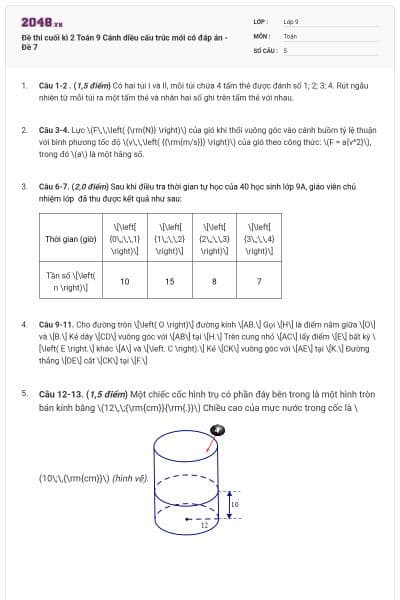 Đề thi cuối kì 2 Toán 9 Cánh diều cấu trúc mới có đáp án - Đề 7