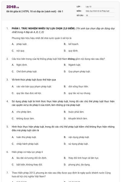Đề thi giữa kì 2 KTPL 10 có đáp án (sách mới) - Đề 1