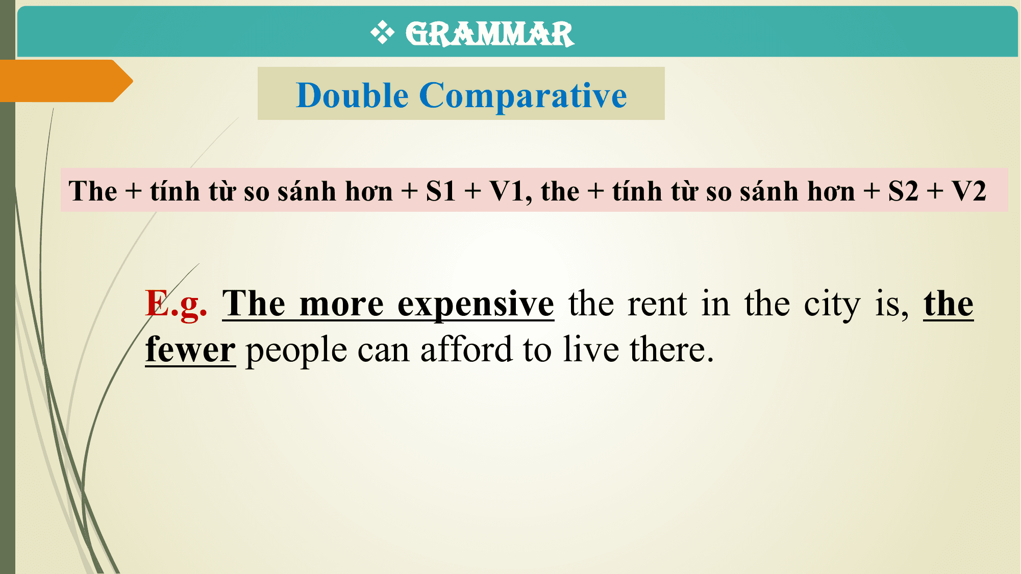 v GRAMMAR
 Double Comparative

The + tính từ so sánh hơn + S1 + V1, the + tính từ so sánh hơn + S2 + V2

 E.g. The more expensive the rent in the city is, the
 fewer people can afford to live there.