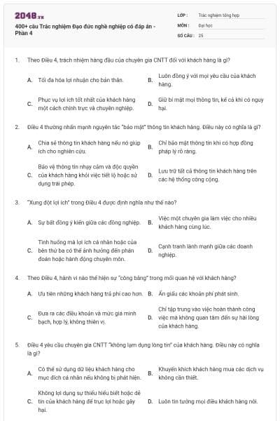 400+ câu Trắc nghiệm Đạo đức nghề nghiệp có đáp án - Phần 4