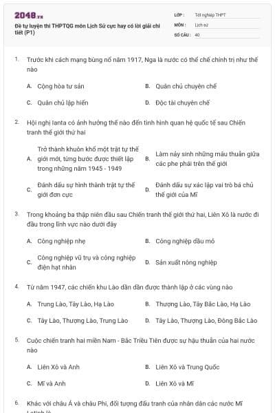 Đề tự luyện thi THPTQG môn Lịch Sử cực hay có lời giải chi tiết (P1)