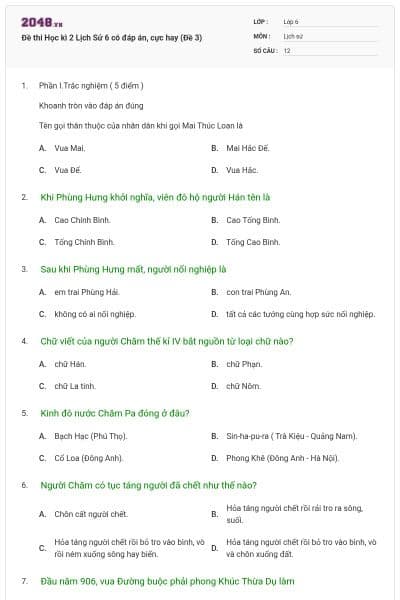 Đề thi Học kì 2 Lịch Sử 6 có đáp án, cực hay (Đề 3)