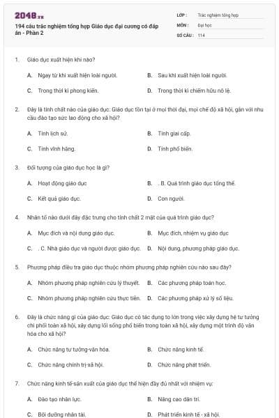 194 câu trắc nghiệm tổng hợp Giáo dục đại cương có đáp án - Phần 2