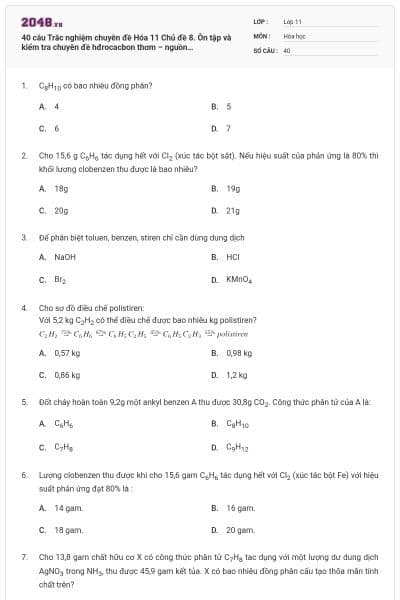 40 câu Trắc nghiệm chuyên đề Hóa 11 Chủ đề 8. Ôn tập và kiểm tra chuyên đề hđrocacbon thơm – nguồn hiđrocacbon thiên nhiên có đáp án