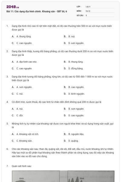 Bài 11: Các dạng địa hình chính. Khoáng sản - SBT ĐL 6