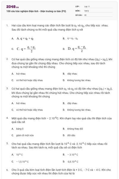 100 câu trắc nghiệm Điện tích - Điện trường cơ bản (P3)