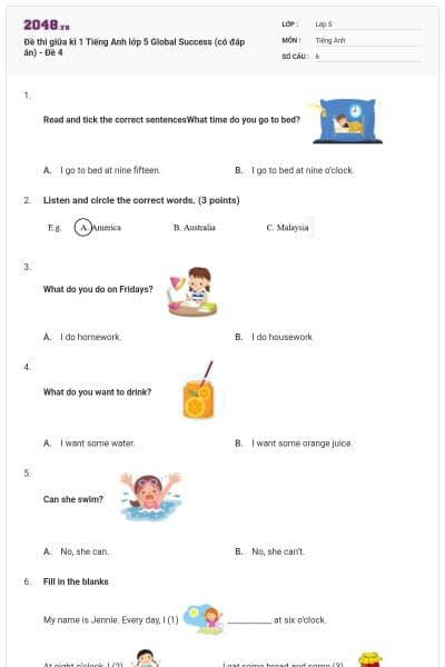 Đề thi giữa kì 1 Tiếng Anh lớp 5 Global Success (có đáp án) - Đề 4
