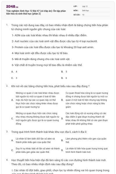 Trắc nghiệm Sinh Học 12 Bài 47 (có đáp án): Ôn tập phần tiến hóa và sinh thái học (phần 2)