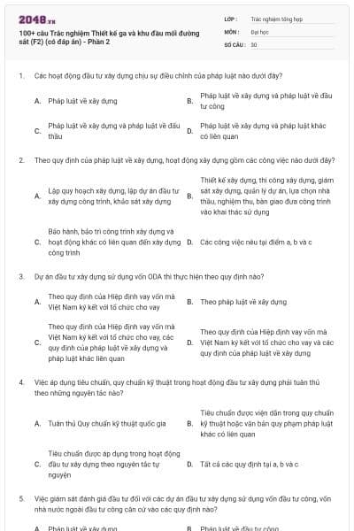 100+ câu Trắc nghiệm Thiết kế ga và khu đầu mối đường sắt (F2) (có đáp án) - Phần 2