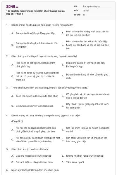 100 câu trắc nghiệm tổng hợp Đàm phán thương mại có đáp án - Phần 3