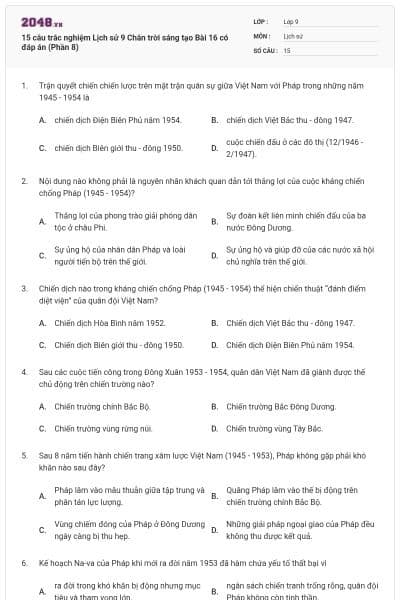 15 câu trắc nghiệm Lịch sử 9 Chân trời sáng tạo Bài 16 có đáp án (Phần 8)