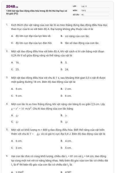 1300 bài tập Dao động điều hòa trong đề thi thử Đại học có lời giải (P3)