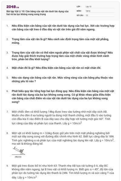 Bài tập Vật Lí 10: Cân bằng của vật rắn dưới tác dụng của hai và ba lực không song song trọng