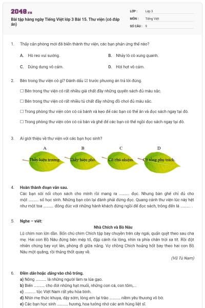 Bài tập hàng ngày Tiếng Việt lớp 3 Bài 15. Thư viện (có đáp án)