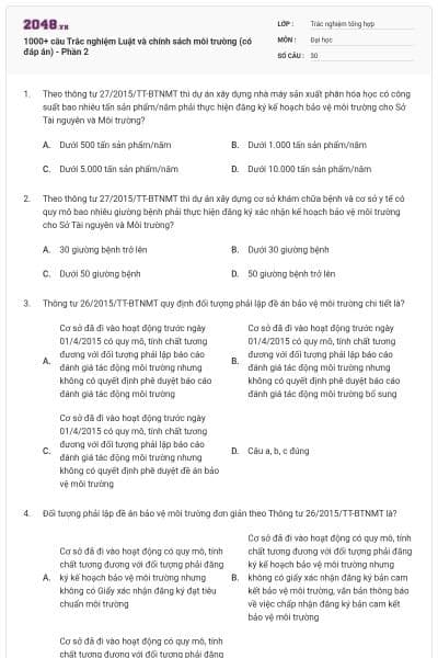 1000+ câu Trắc nghiệm Luật và chính sách môi trường (có đáp án) - Phần 2