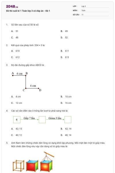Đề thi cuối kì 1 Toán lớp 3 có đáp án - Đề 1