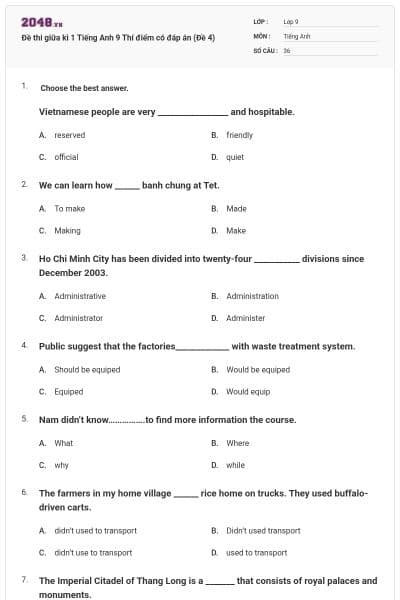 Đề thi giữa kì 1 Tiếng Anh 9 Thí điểm có đáp án (Đề 4)