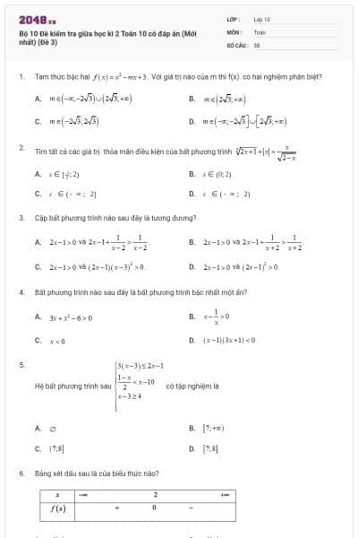 Bộ 10 Đề kiểm tra giữa học kì 2 Toán 10 có đáp án (Mới nhất) (Đề 3)