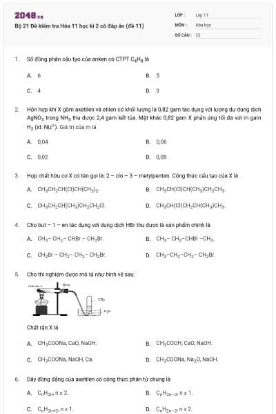 Bộ 21 Đề kiểm tra Hóa 11 học kì 2 có đáp án (đề 11)
