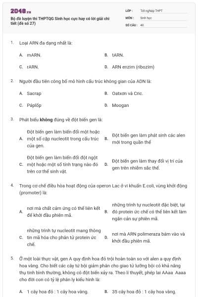 Bộ đề luyện thi THPTQG Sinh học cực hay có lời giải chi tiết (đề số 27)