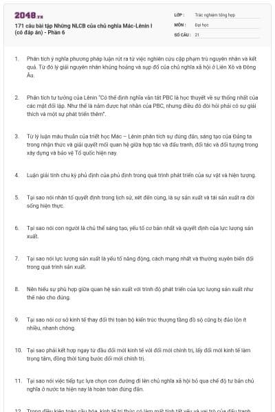 171 câu bài tập Những NLCB của chủ nghĩa Mác-Lênin I (có đáp án) - Phần 6