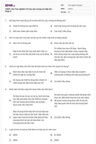 1000+ câu Trắc nghiệm Tin học đại cương (có đáp án) - Phần 5