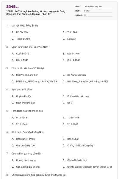 1000+ câu Trắc nghiệm Đường lối cách mạng của Đảng Cộng sản Việt Nam (có đáp án) - Phần 17