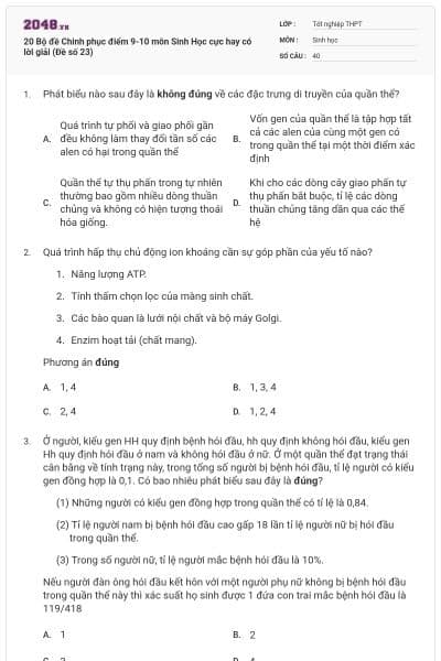 20 Bộ đề Chinh phục điểm 9-10 môn Sinh Học cực hay có lời giải (Đề số 23)