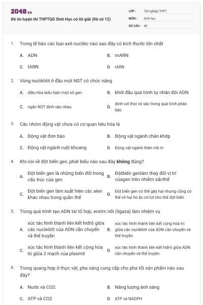 Đề ôn luyện thi THPTQG Sinh Học có lời giải (Đề số 12)