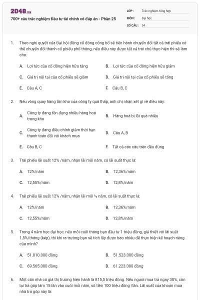 700+ câu trắc nghiệm Đầu tư tài chính có đáp án - Phần 25