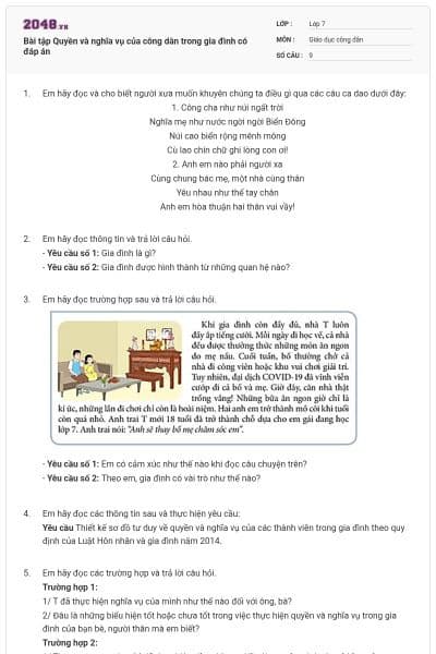 Bài tập Quyền và nghĩa vụ của công dân trong gia đình có đáp án