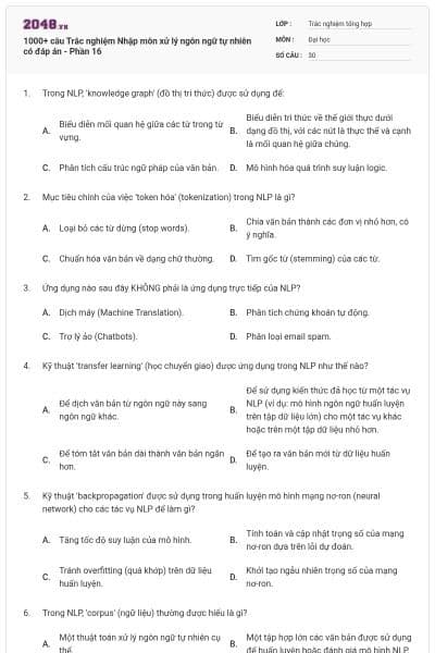 1000+ câu Trắc nghiệm Nhập môn xử lý ngôn ngữ tự nhiên có đáp án - Phần 16